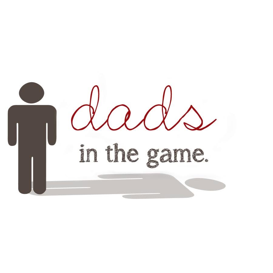 Original Dads in the Game logo with a standing figure, its shadow, and red script lettering